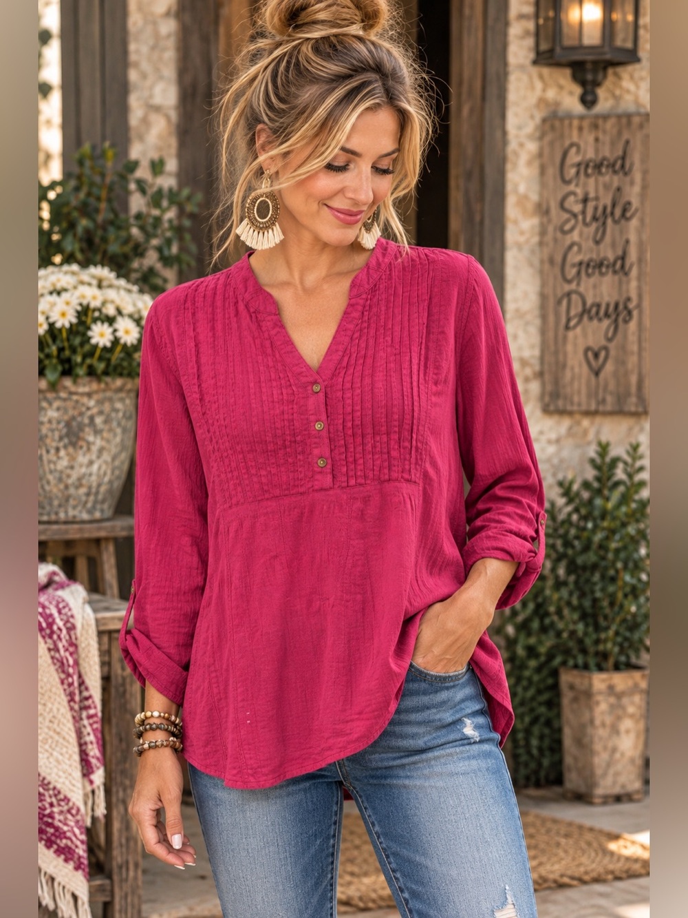 Bit & Bridle Raspberry Pink Cotton Boho Pintuck Tunic Top Large
